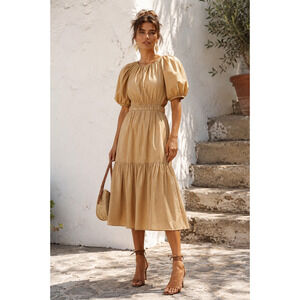ULLA JOHNSON Midi Dress NEW 8 Claire in Cedar Back Cutout Tiered‎ Puff Sleeves